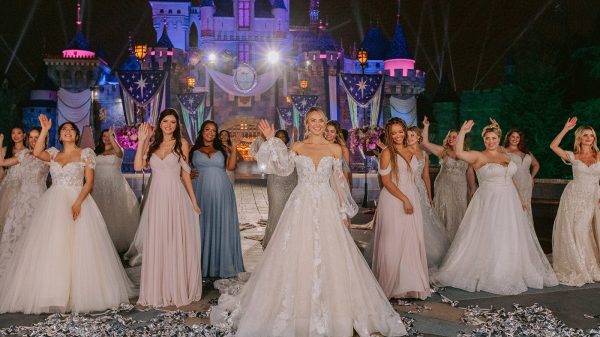 The 2023 Disney’s Fairy Tale Weddings collection includes gowns inspired by Ariel, Aurora, Belle, Cinderella, Jasmine, Pocahontas, Rapunzel, Snow White and Tiana. Twenty-one gowns were unveiled during a fashion show in front of Sleeping Beauty Castle at Disneyland Resort in Anaheim, Calif. (Russ Hennings, photographer)